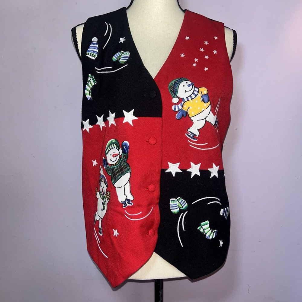 Women's Embroidered Christmas Vest Red Black Snowmen Petite Medium By Westbound